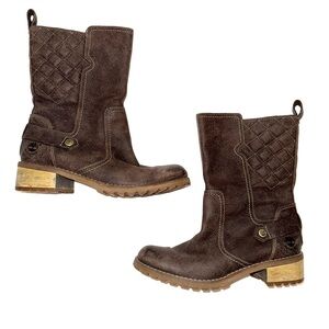 Brown distressed mid calf Timberland boots with quilted details